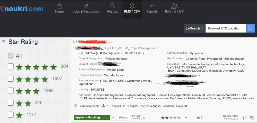 Recruiter View of Naukri resume