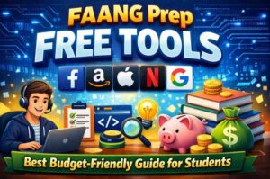 FAANG prep free tools guide showing student learning coding, interview preparation resources, and budget-friendly study tools for FAANG interviews