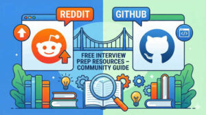 Illustration showing Reddit and GitHub logos with the text "Free Interview Prep Resources – Community Guide," featuring books, lightbulbs, and gears.