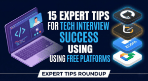Thumbnail with the title "15 EXPERT TIPS FOR TECH INTERVIEW SUCCESS USING FREE PLATFORMS" in blue and white text, and a "EXPERT TIPS ROUNDUP" banner below. The left side features a purple laptop displaying code and a video call interface. The right side shows four stacked app icons: GitHub, LeetCode, Zoom, and Google Drive.