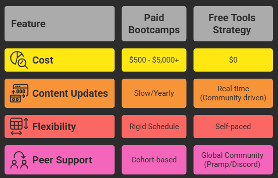 Paid bootcamps vs free tools strategy comparison table for Google interview prep