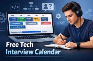 Free tech interview calendar showing weekly coding tasks, system design prep, progress tracking, and focused software developer studying
