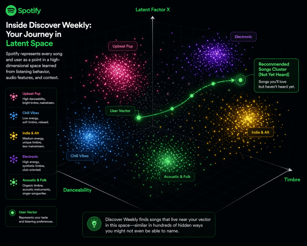 A high-resolution conceptual diagram showing a Sparse User-Item Matrix being decomposed into User and Item Latent Factor Vectors. Use a clean, tech-focused aesthetic with Spotify-green accents to show how two disparate users overlap on specific song clusters.