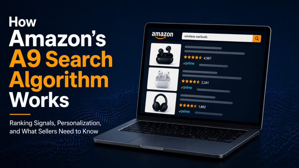 Amazon A9 algorithm explained: A conceptual hero image showing search ranking signals and conversion metrics.