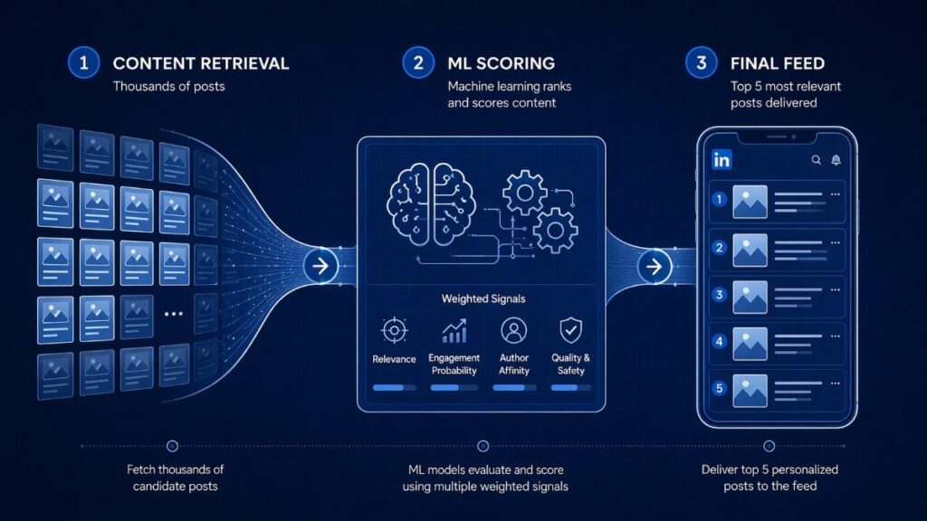 An infographic diagram titled "How the LinkedIn Feed Works," illustrating the three-stage machine learning pipeline for content delivery. Content Retrieval: Thousands of candidate posts are fetched. ML Scoring: A central brain icon evaluates weighted signals including Relevance, Engagement Probability, Author Affinity, and Quality & Safety. Final Feed: The top 5 personalized posts are delivered to a smartphone interface.