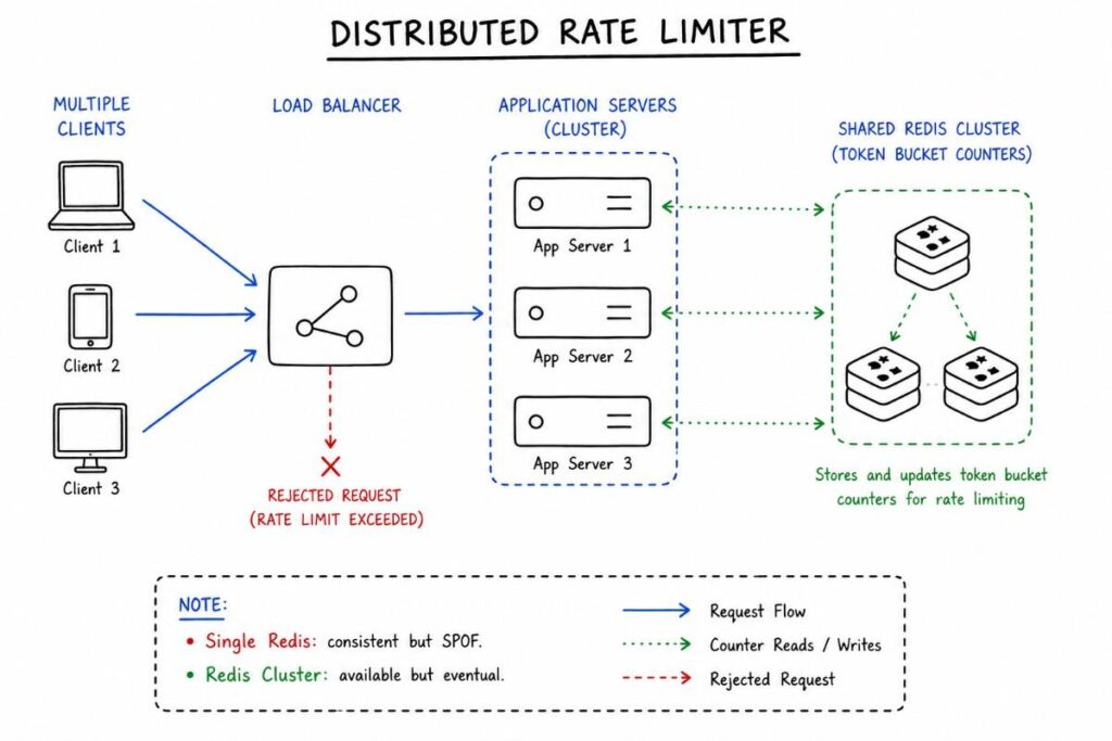 system design interview guide 2026 distributed rate limiter architecture diagram showing token bucket counters in Redis cluster