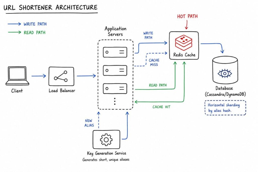 system design interview guide 2026 URL shortener architecture diagram showing Redis cache key generation service and NoSQL database