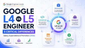 Google L4 vs L5 engineer thumbnail showing 5 critical differences in salary, expectations, and promotion timeline, with a central glowing Google icon connected to nodes representing role scope, leadership, interview bar, compensation, and promotion timeline in a modern light-themed tech design.