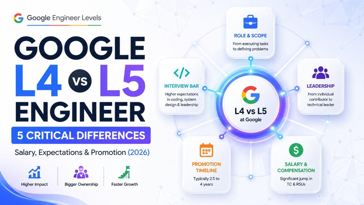 Google L4 vs L5 engineer thumbnail showing 5 critical differences in salary, expectations, and promotion timeline, with a central glowing Google icon connected to nodes representing role scope, leadership, interview bar, compensation, and promotion timeline in a modern light-themed tech design.