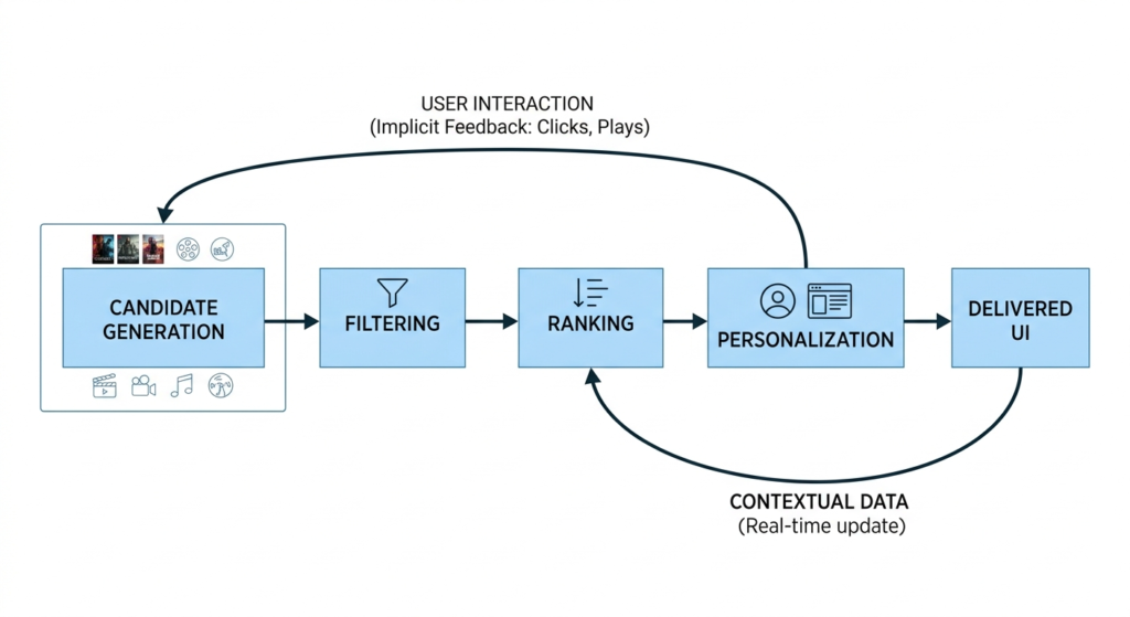 Explore the flow diagram of Netflix recommendation algorithm pipeline.