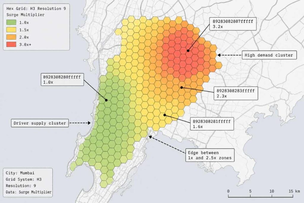 H3 hex grid overlay on Mumbai map visualizing surge pricing clusters and demand–supply zones: Uber surge pricing algorithm
